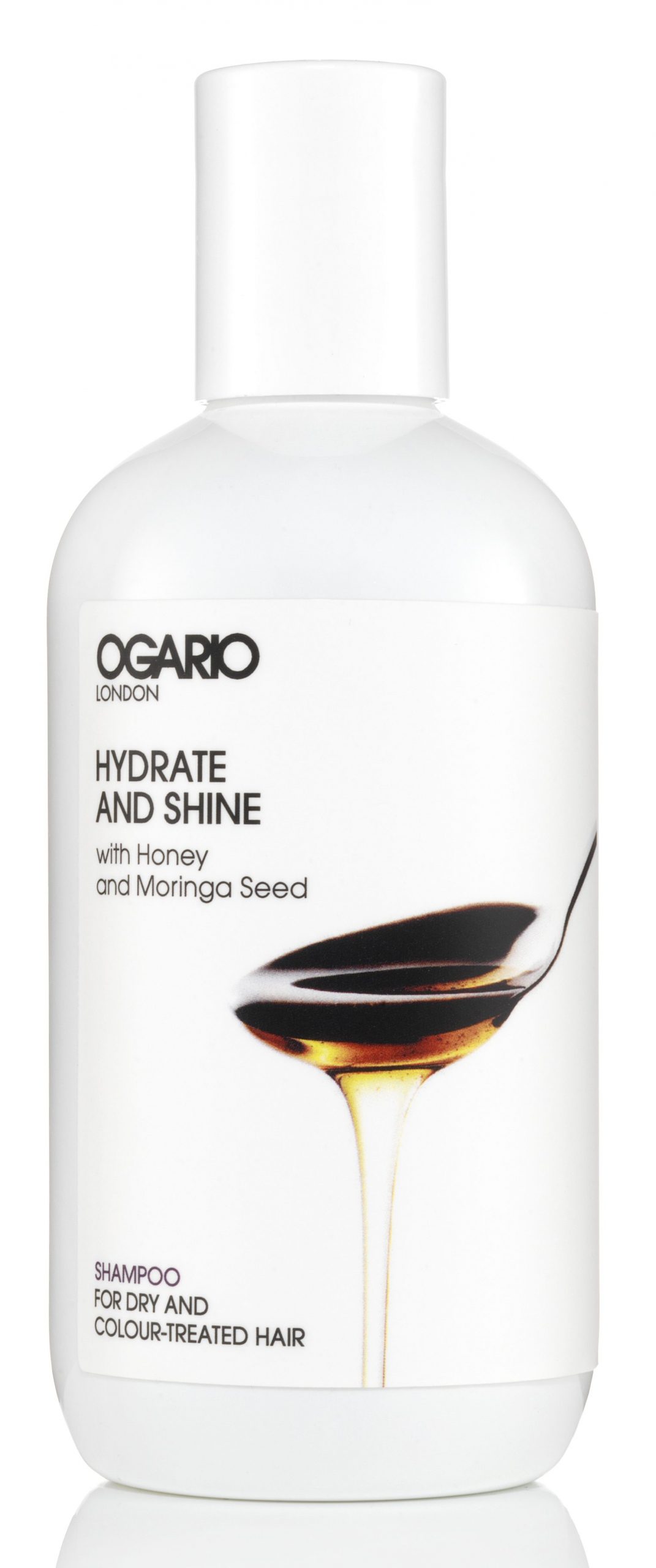 bottle of ogario hydrate and shine shampoo on white background
